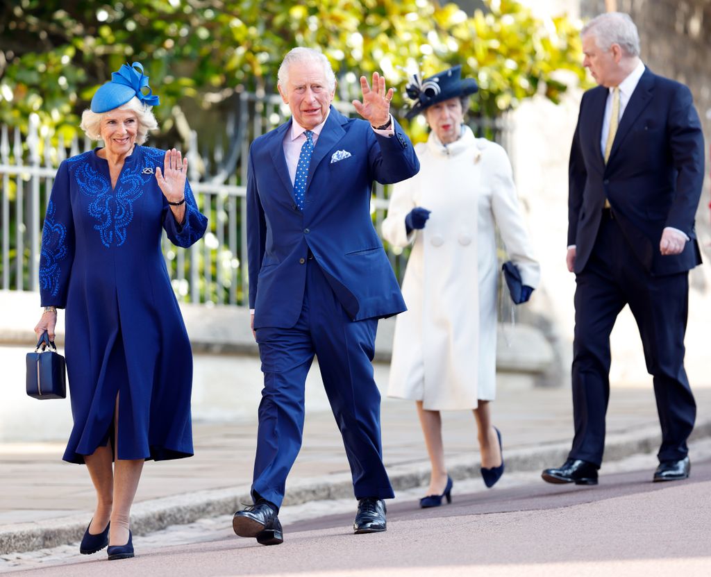 Camilla, Queen Consort, King Charles III, Princess Anne, Princess Royal and Prince Andrew, Duke of York attend the traditional Easter Sunday Mattins Service at St George's Chapel, Windsor Castle on April 9, 2023 in Windsor, England.