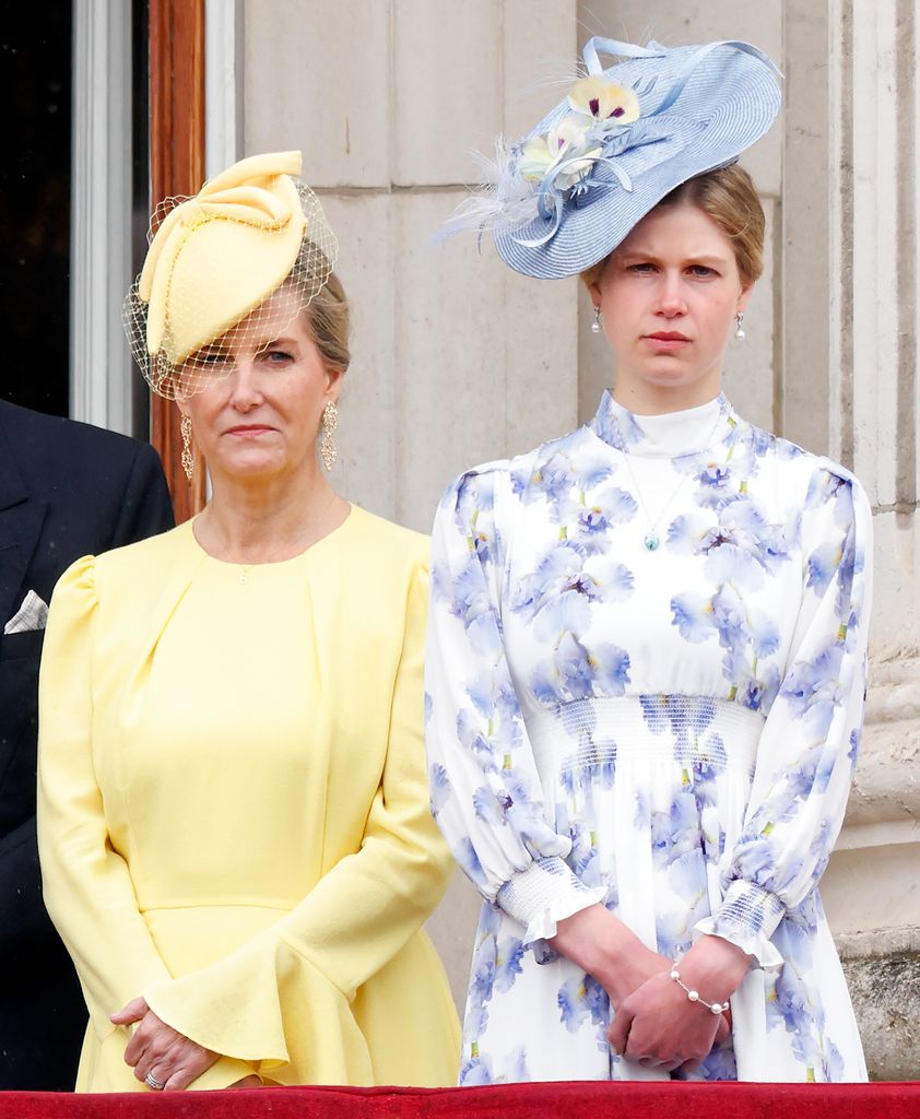 Sophie, Duchess of Edinburgh and Lady Louise Windsor stand on the balcony of Buckingham Palace after attending Trooping the Colour on June 15, 2024 in London, England