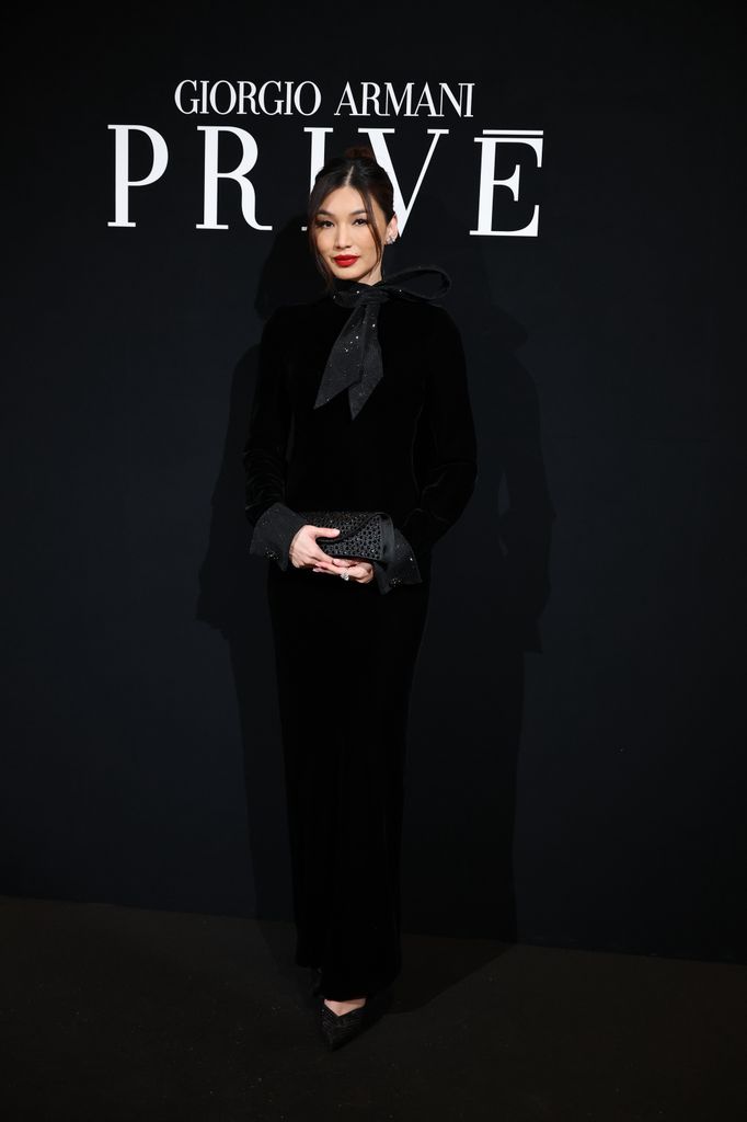 Gemma Chan in black outfit at the Giorgio Armani Privé Haute Couture Show
