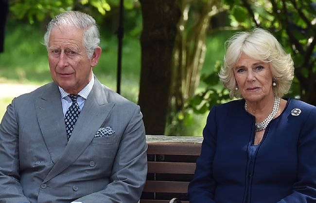 queen consort camilla and king charles looking pensive on a bench outside