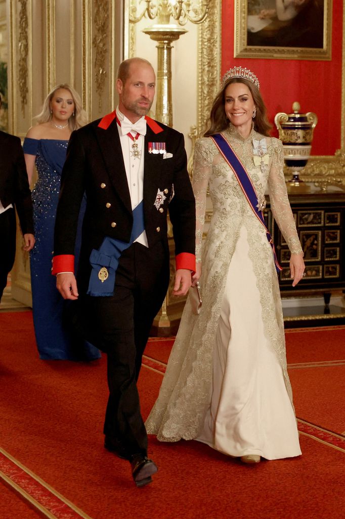 Prince William, Prince of Wales and Britain's Catherine, Princess of Wales arrive to attend a State Banquet at Windsor Castle