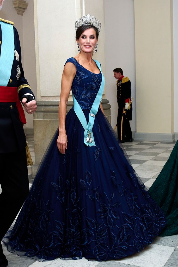 Queen Letizia looked stunning in a dark blue dress by Felipe Varela