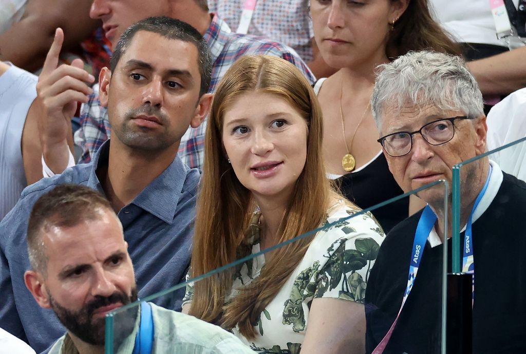 Bill Gates (R), his daughter Jennifer (C), and Nayel Nassar (L) is seen during the Artistic Gymnastics Women's All-Around Final on day six of the Olympic Games Paris 2024 at Bercy Arena on August 01, 2024 in Paris, France.