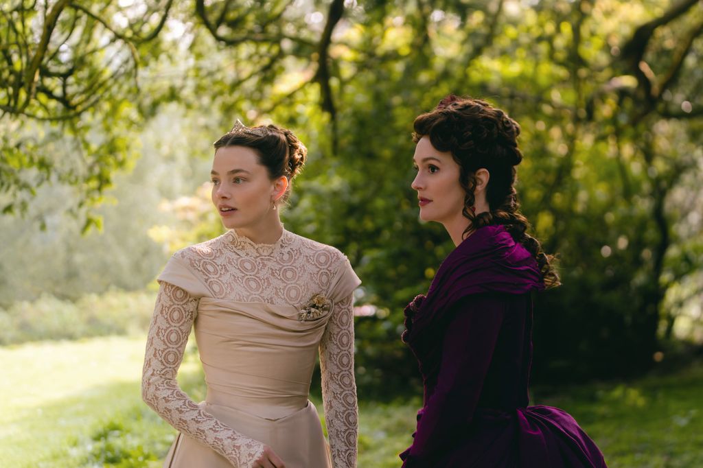 leighton meester and kristine froseth in period costumes in the buccaneers