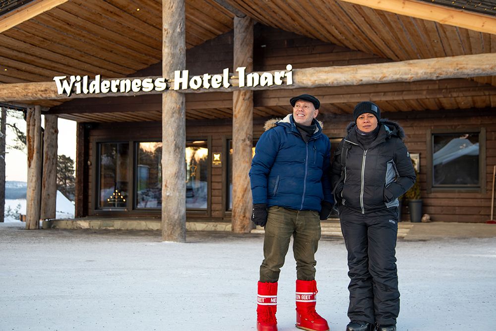 Rob and Monica in front of the Wilderness Inari, Finland.