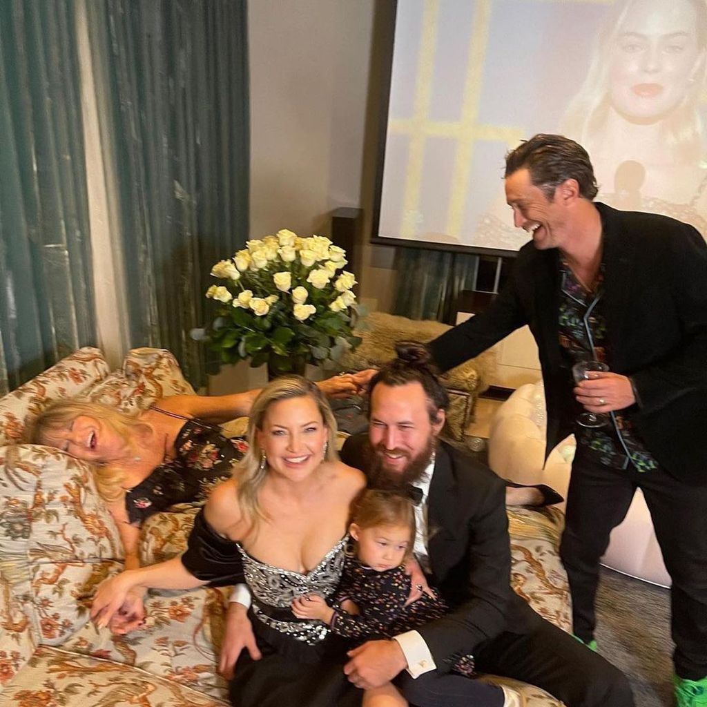 Goldie Hawn at home with Kate Hudson, Oliver Hudson, Kate's fiancée Danny Fujikawa, and their daughter Rani Rose during awards season