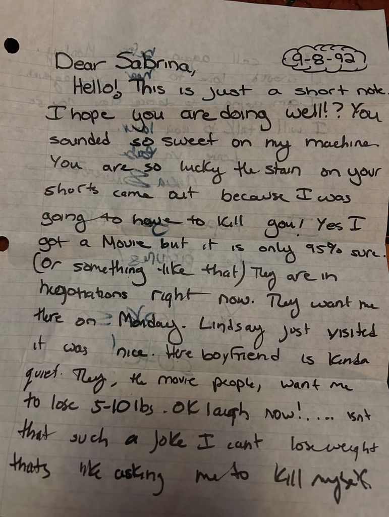 Letter from Alicia Silverstone to a friend in 1992