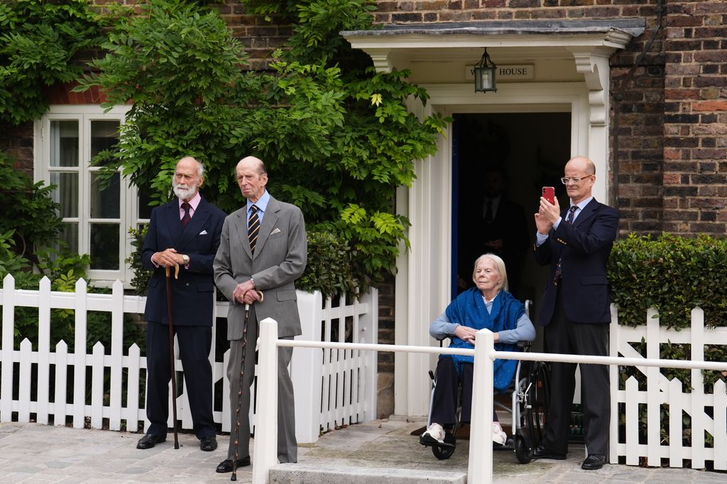  Prince Michael of Kent, Prince Edward, Duke of Kent, Katharine, Duchess of Kent and Lord Nicholas Windsor watch three pipers from the Royal Scots Dragoon Guards