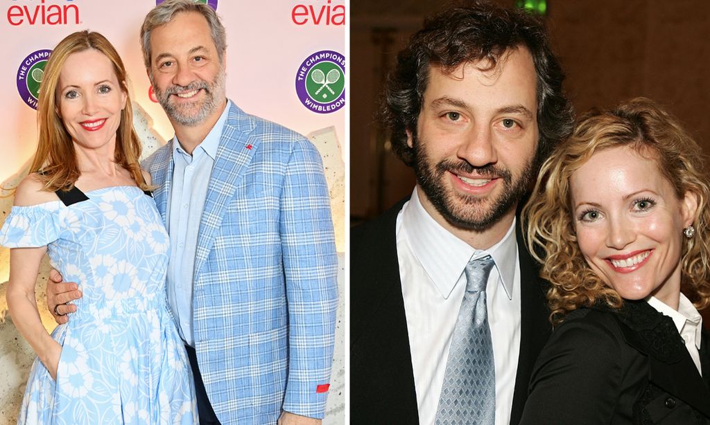 Leslie Mann and Judd Apatow with their arms around each other on the left and a younger version of them on the right