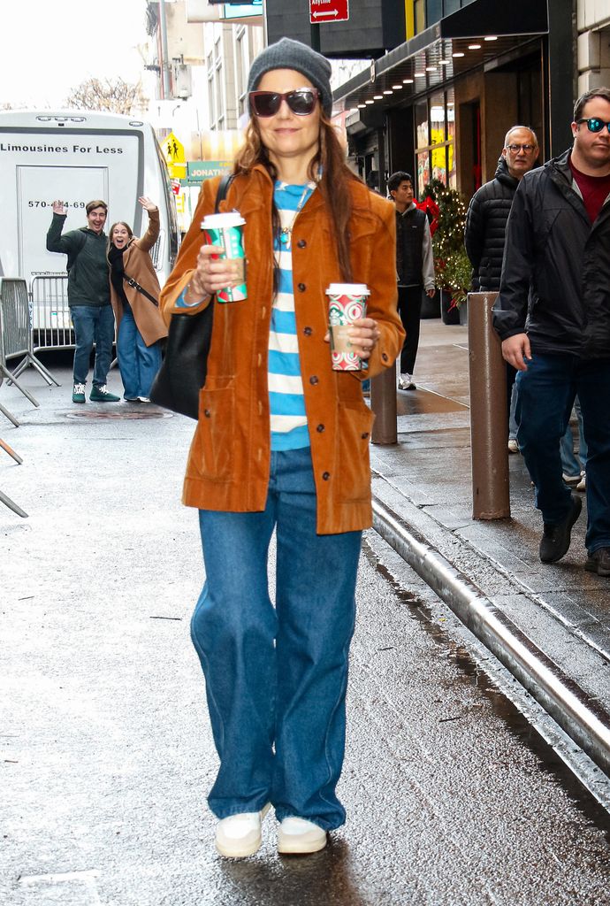 katie holmes spotted in Seventies suede