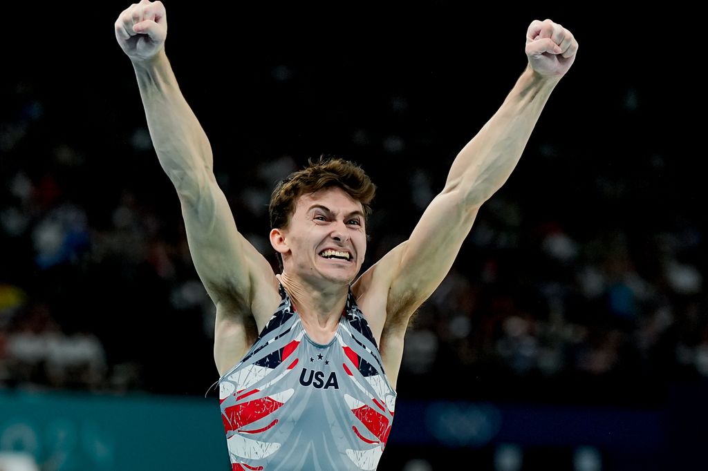 Stephen Nedoroscik of United States celebrates his performance on Pommel Horse during the Men's Artistic Gymnastics Team Final on day three of the Olympic Games Paris 2024 at Bercy Arena on July 29, 2024 in Paris, France