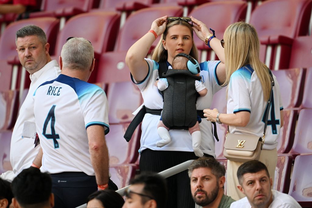 Lauren Fryer, girlfriend of Declan Rice of England, looks on from the stands prior to the FIFA World Cup Qatar 2022 Group B match between England and IR Iran at Khalifa International Stadium in Doha, Qatar. 