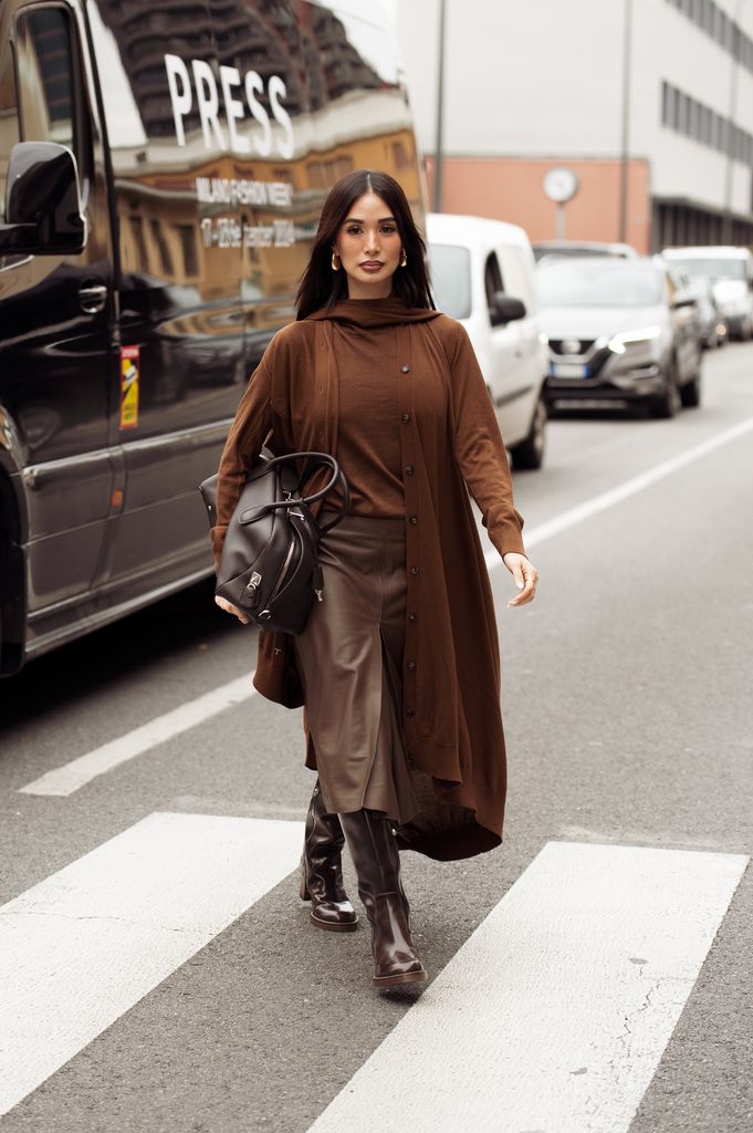 woman on street in all brown outfit