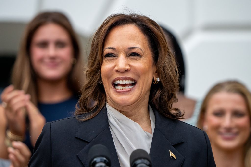 U.S. Vice President Kamala Harris speaks during an NCAA championship teams celebration on the South Lawn of the White House on July 22, 2024 in Washington, DC. U.S. President Joe Biden abandoned his campaign for a second term after weeks of pressure from fellow Democrats to withdraw and just months ahead of the November election, throwing his support behind Harris