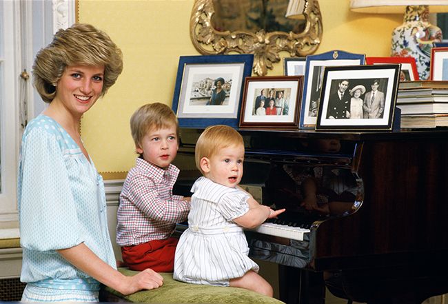 Princess Diana sitting with William and Harry at piano