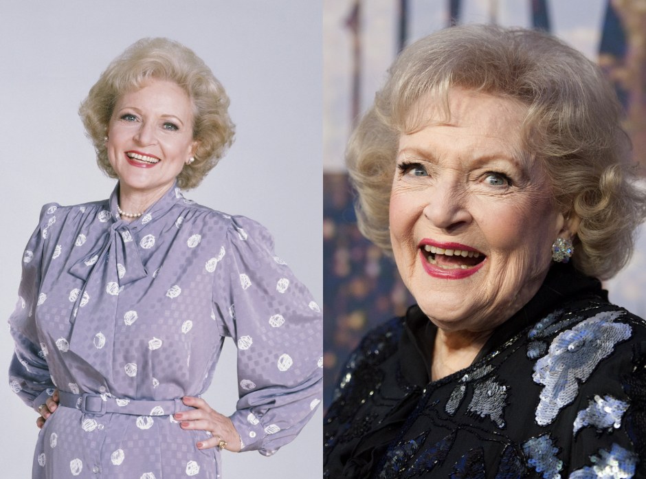 Image partagée de Betty White, à gauche lorsqu'elle était plus jeune dans une robe violette et à droite souriante au 40e anniversaire de SNL.