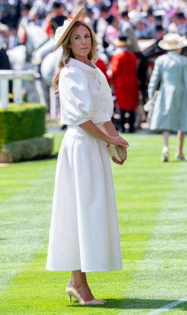 Harriet Sperling wearing cream outfit and boater hat at Royal Ascot