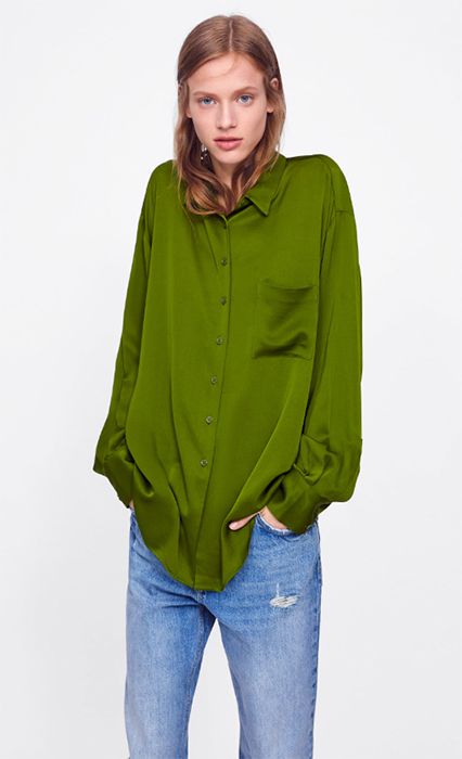 green silk shirt zara