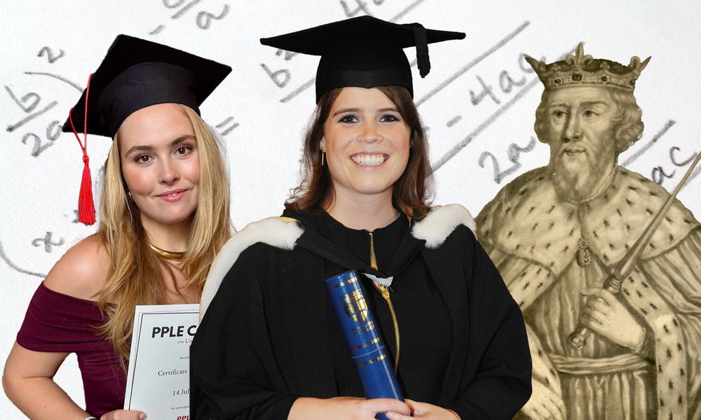 Designed image featuring Princess Catherine-Amalia, Princess Eugenie and King Alfred cut out against a white background with sums