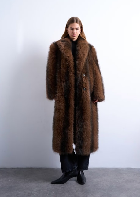 Faux fur longline stripe coat in brown