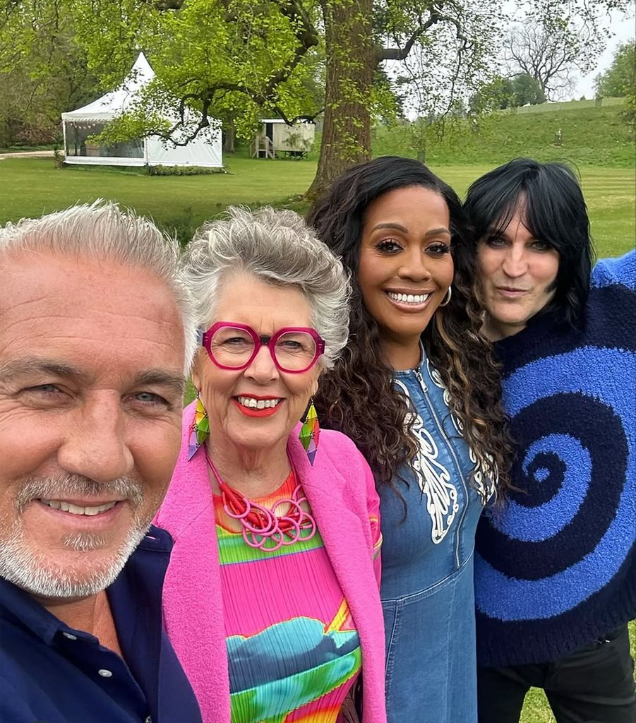 paul hollywood, prue leith, alison hammond and noel fielding selfie outside the Bake Off tent