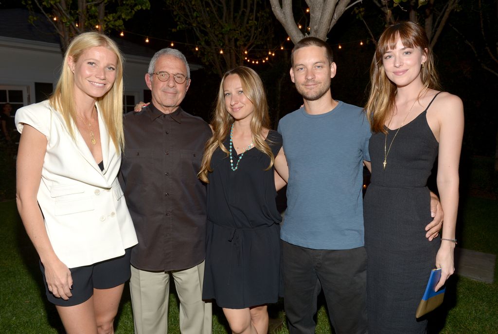 Actress Gwyneth Paltrow, Rob Meyer, designer Jennifer Meyer, actors Tobey Maguire, and Dakota Johnson celebrate the launch of The Body Doesn't Lie by Vicky Vlachonis on May 15, 2014 in Los Angeles, California.