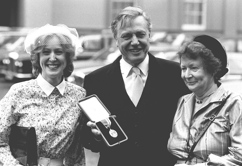 Black-and-white photo of David Attenborough with his daughter, Susan, and wife, Jane