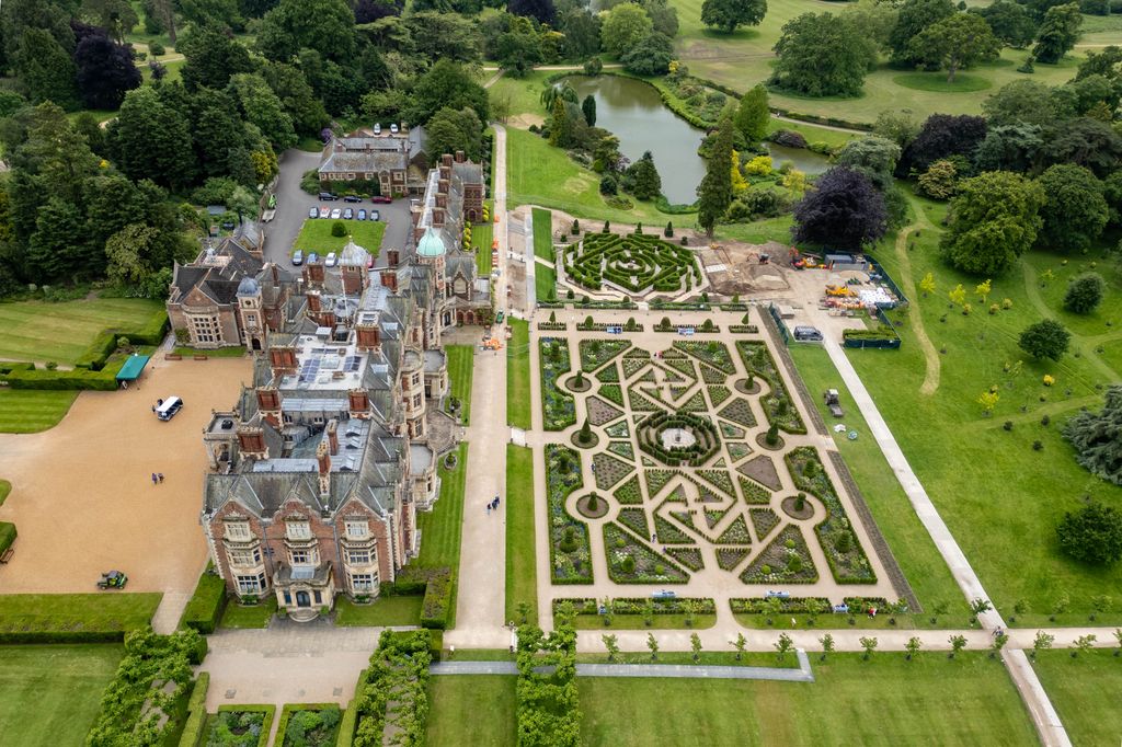 Picture supplied by  Bav Media 07976 880732.

Picture dated June 4th shows the new maze (top right) and topiary garden at Sandringham House which is almost complete as King Charles continues to transform the estate.
 
King Charles is continuing to REMODEL his Royal Sandringham estate in Norfolk by building an elaborate wisteria-covered PERGOLA â as the finishing touches are made to his new maze garden.
The walkway in front of Sandringham House has been closed whilst foundations are laid for the pergola, which will feature brick columns and eventually be covered by wisteria.
A notice in front of the new Pergola Project states: âTaking inspiration from brick pillars in the private walled garden, the Pergola will provide a structure to train wisteria.

New aerial photos show the Lower Maze Garden on the West Lawn in front of Sandringham House, which was started earlier this year, is now almost complete.

See copy catchline  King Charles remodels Sandringham with new pergola project