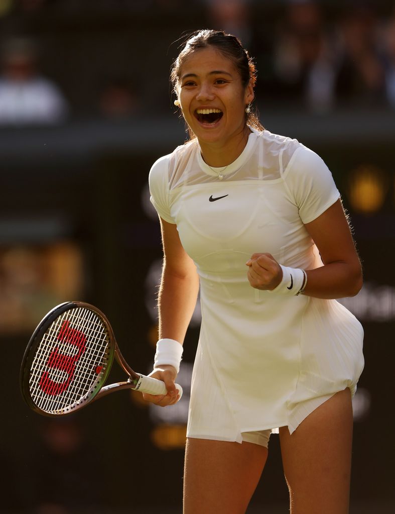LONDON, ENGLAND - JUNE 27: Emma Raducanu of Great Britain celebrates victory against Alison Van Uytvanck of Belgium in the Women's Singles First Round match during Day One of The Championships Wimbledon 2022 at All England Lawn Tennis and Croquet Club on June 27, 2022 in London, England. (Photo by Julian Finney/Getty Images)