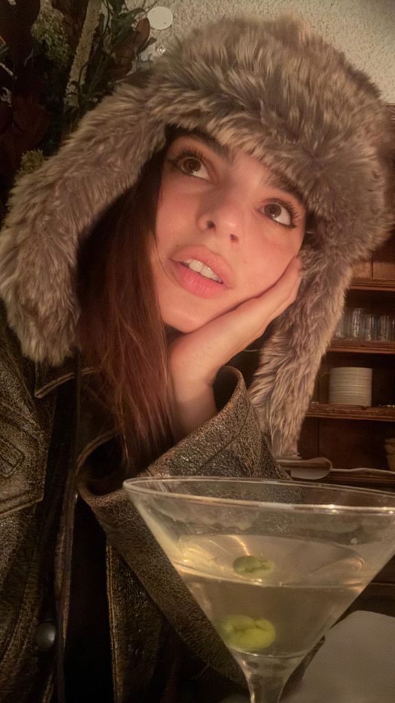 emily ratajkowski in a fluffy trapper hat