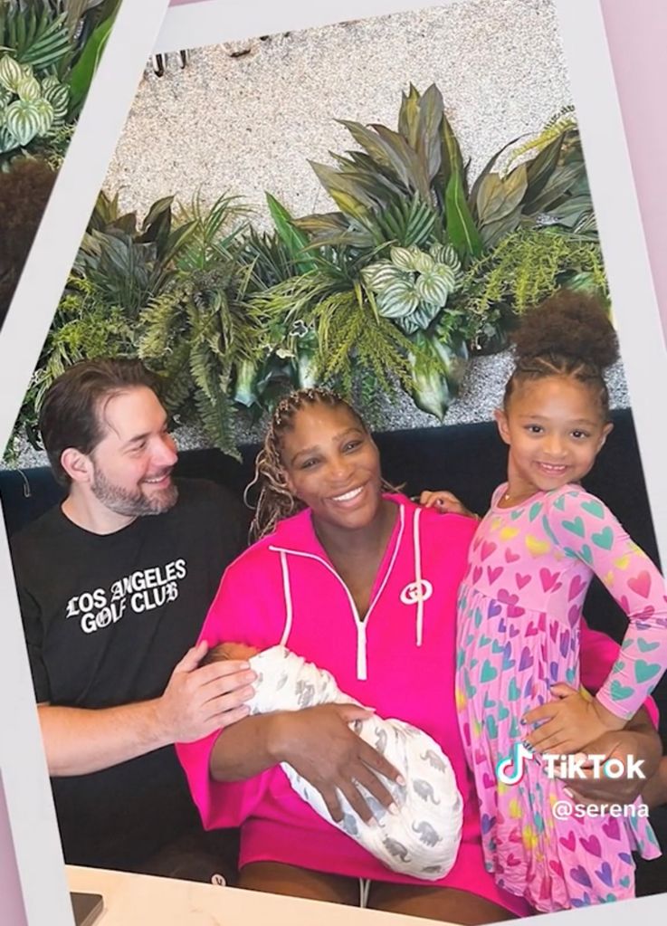 Screenshot of a TikTok shared by Serena Williams announcing the birth of her second daughter, where she's posing with husband Alexis Ohanian, her first born Olympia, and their new baby girl
