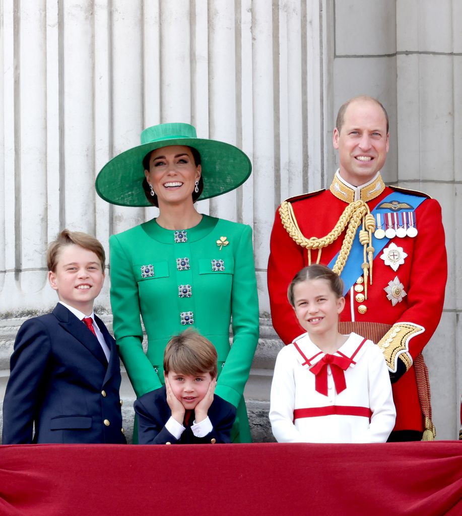 Prince William, Prince of Wales, Prince Louis of Wales, Catherine, Princess of Wales , Princess Charlotte of Wales and Prince George of Wales on the Buckingham Palace balcony during Trooping the Colour on June 17, 2023 in London, England.