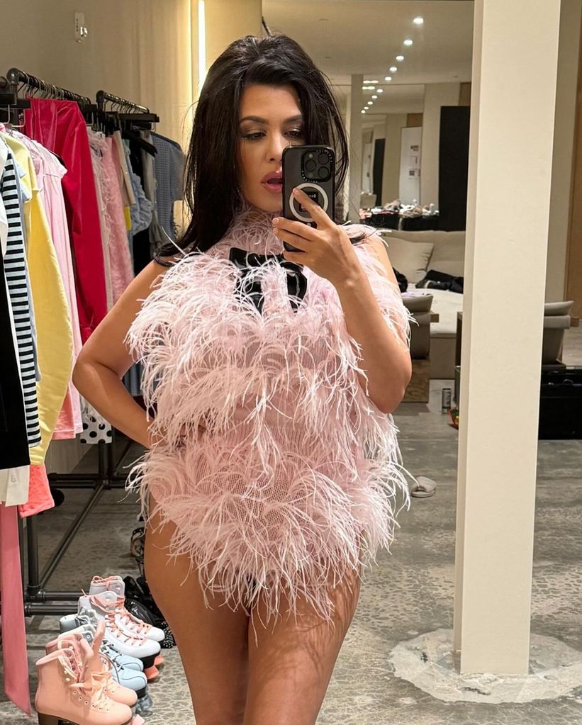 kourtney kardashian pink feathered bodysuit lemme glow lollipops