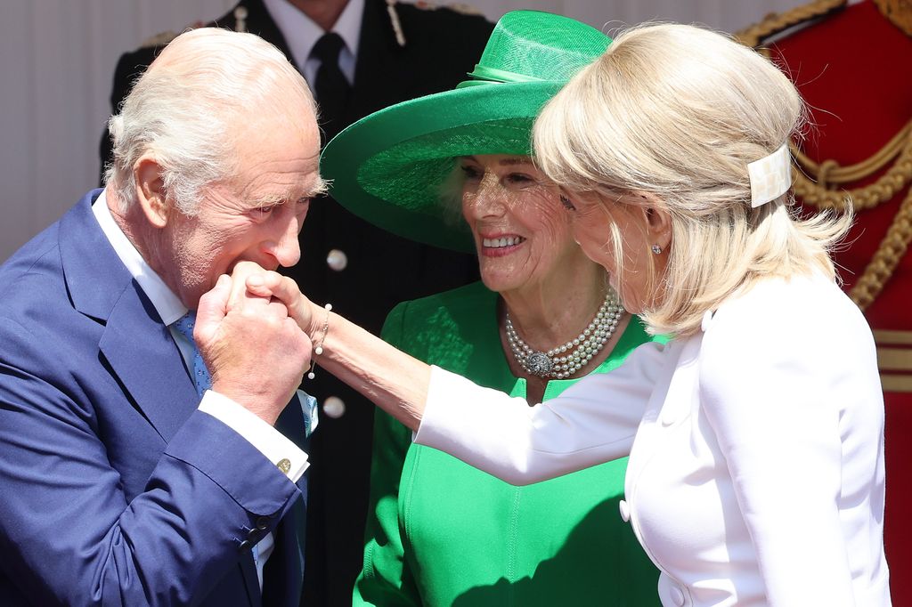 Brigitte Macron (R) is received by King Charles III and Queen Camilla at Datchet Road on July 08, 2025 in Windsor, England. President Emmanuel Macron and Mrs Brigitte Macron visit the UK in the first visit State Visit made by France in 17 years.