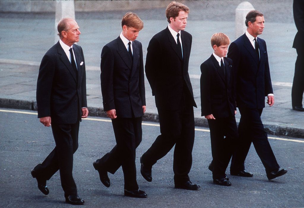 Charles with the royals at Princess Diana's funeral