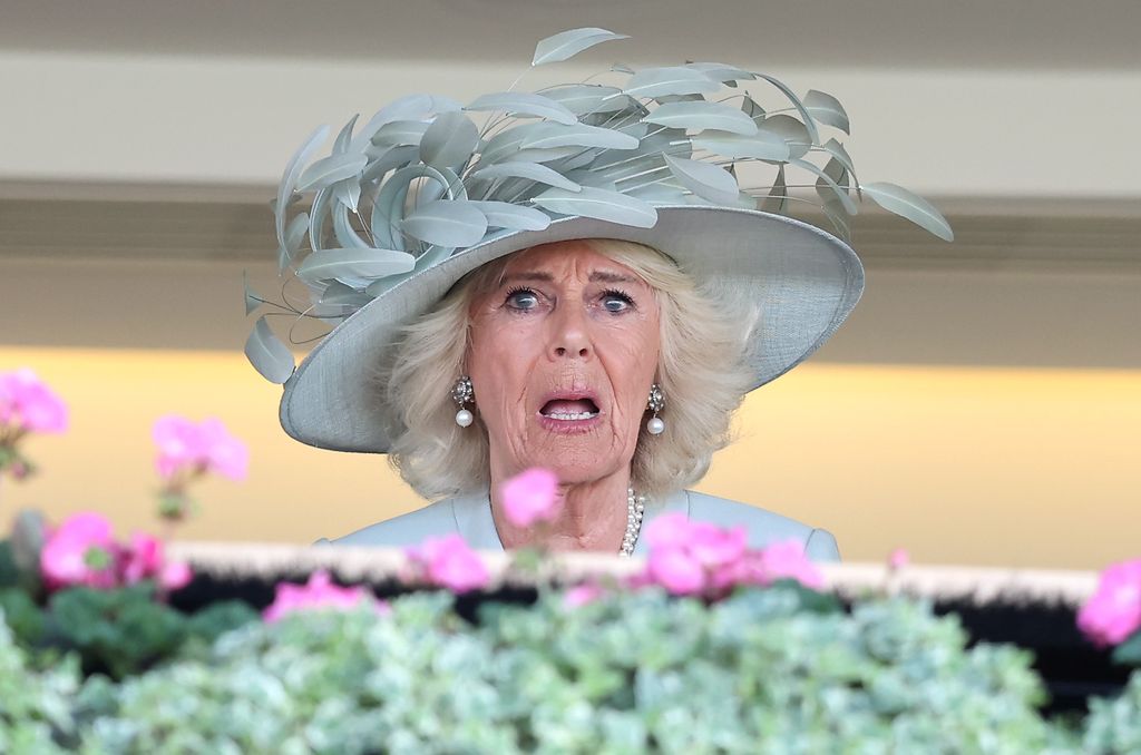 Queen Camilla reacts as she attends day one of Royal Ascot at Ascot Racecourse