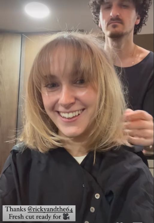 Rose Ayling-Ellis with a fringe while getting her hair cut
