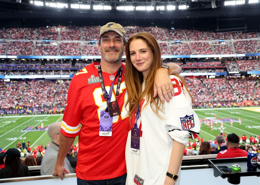 Jon Hamm and Anna Osceola attend the Super Bowl LVIII Pregame at Allegiant Stadium on February 11, 2024 in Las Vegas, Nevada.
