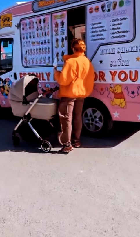 Stacey Dooley and a buggy outside an ice cream van