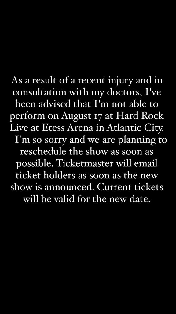 Gwen Stefani shares a statement announcing the cancellation of her show on August 17 in Atlantic City