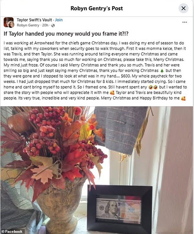 Stadium worker shared about her encounter on Facebook, calling Taylor "beautifully kind"