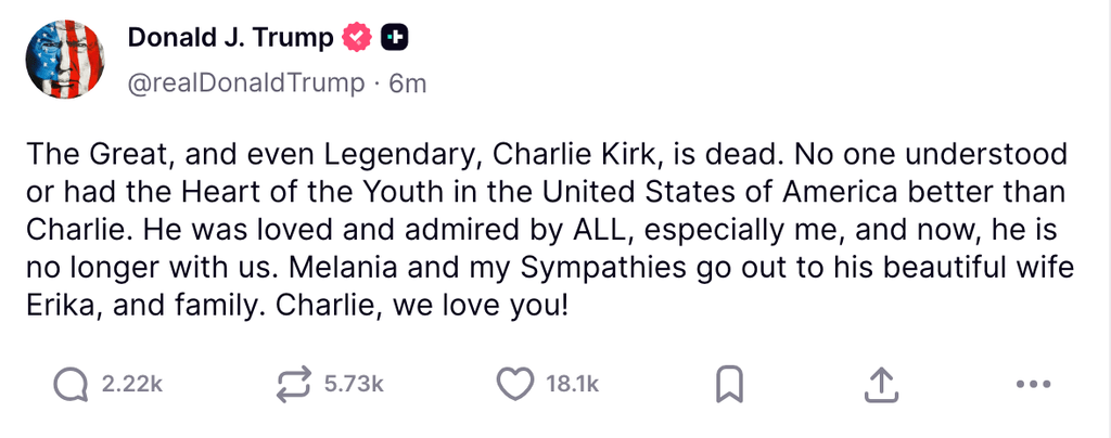 Donald Trump's statement on Truth Social about Charlie Kirk's death