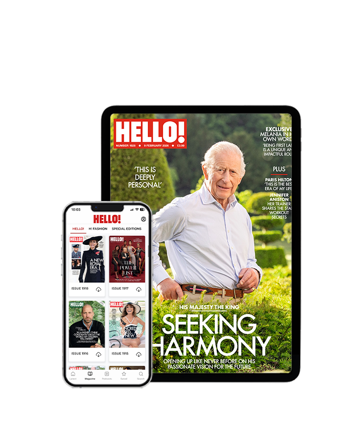 HELLO! magazine cover featuring King Charles III in a green landscape background