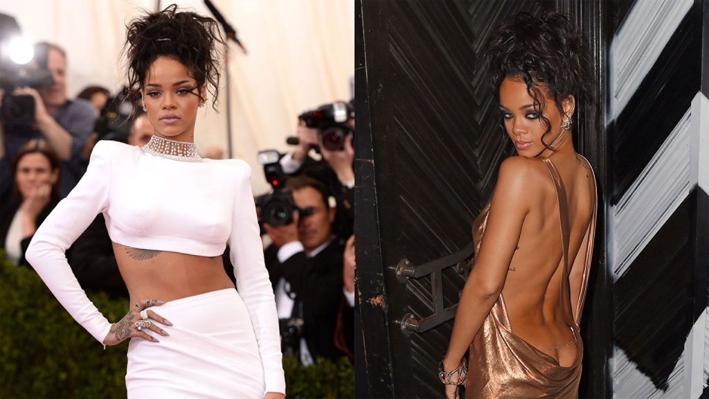 Left: RIhanna Stella McCartney white dress from Met Gala Right: Rihanna Stella McCartney bronze backless look met gala after party
