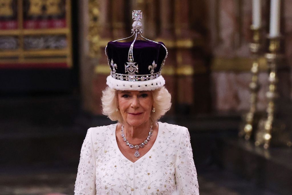 Queen Consort Camilla in a bespoke Bruce Oldfield couture dress at the Coronation