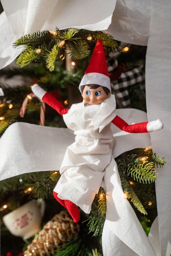 Elf doll wrapped up in toilet paper