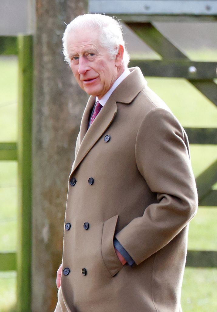 King Charles III attends the Sunday service at the Church of St Mary Magdalene on the Sandringham estate on 4 February 2024