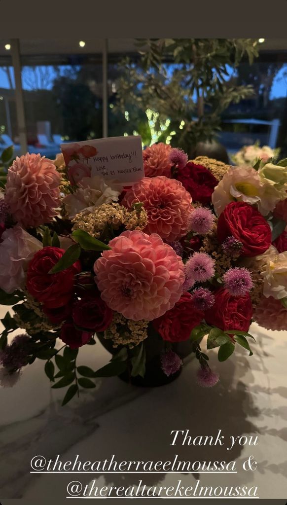Christina Hall shares a photograph of the bouquet of flowers from Tarek and Heather Rae El Moussa for her birthday, shared on Instagram