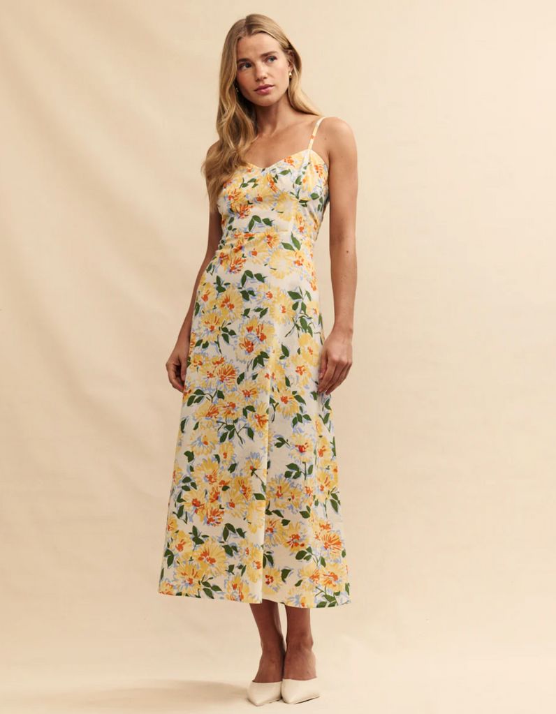 Nobody's Child Yellow Floral Linen-blend Pippin Midi Dress