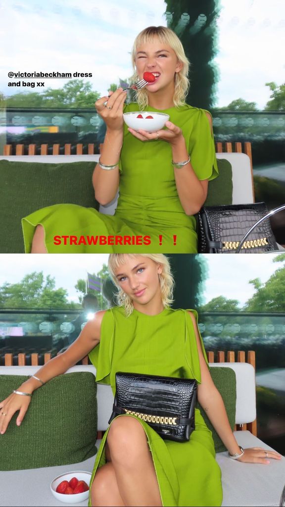 Mia Regan wears a Victoria Beckham dress to eat strawberries at Wimbledon